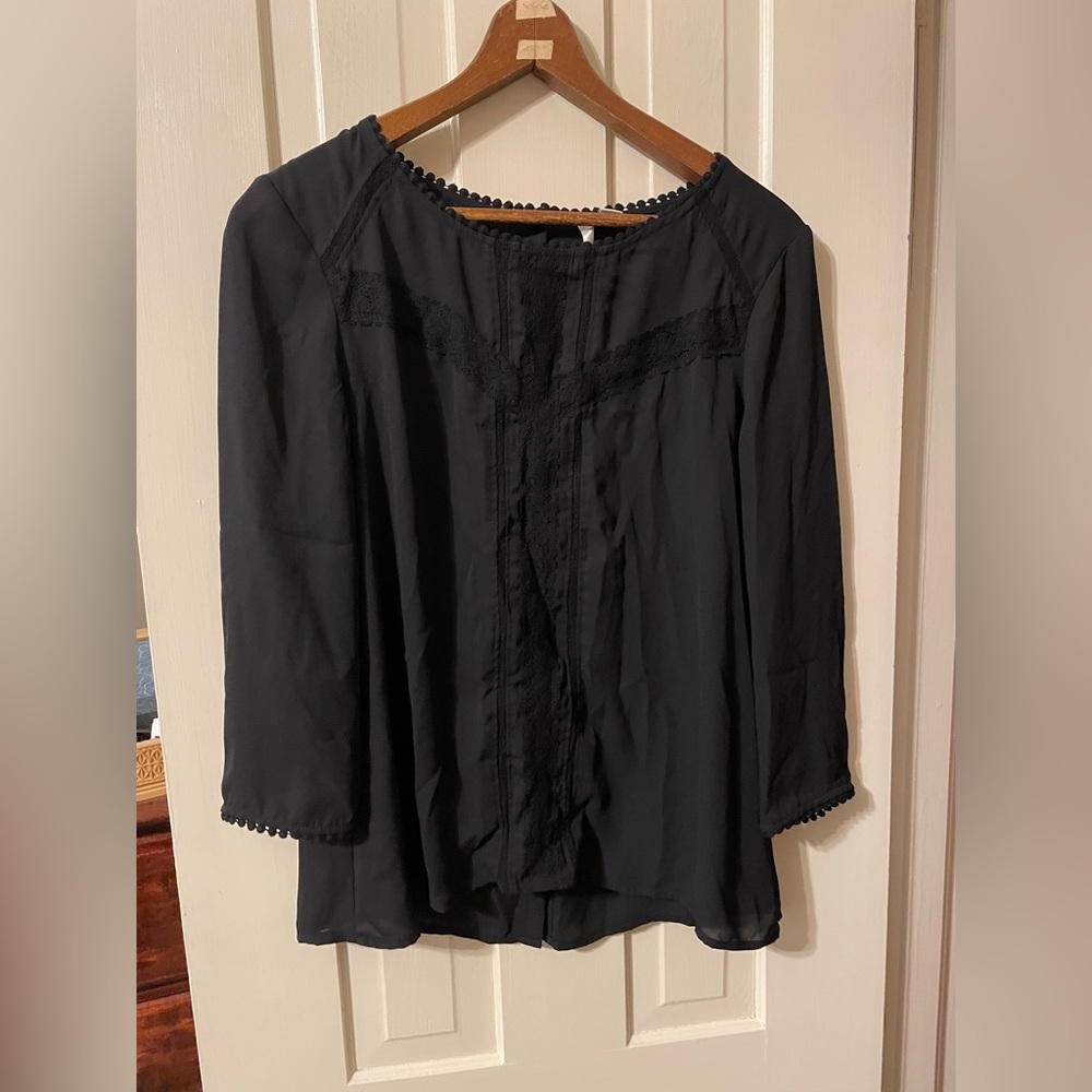 Lauren Conrad Black Sheer Blouse with Lace Size M